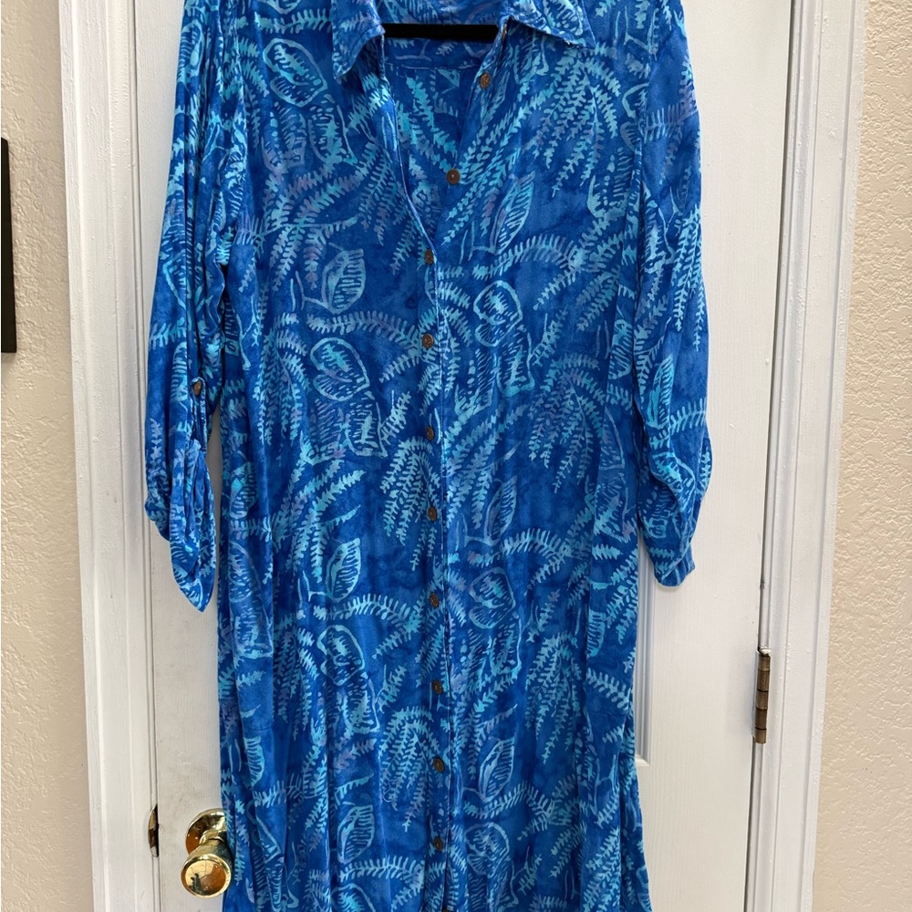 Soft Surroundings Blue Tropical Rayan Knee Length Button Down Dress